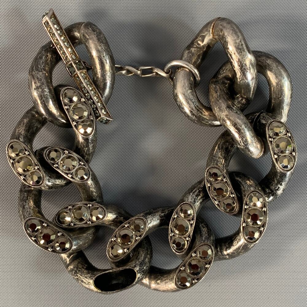 LANVIN Silver Gunmetal Chain Link Crystal Bracelet